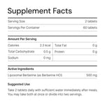 Supplement facts label showing 2 tablets per serving, 500 mg Liposomal Berberine, for daily vitality support
