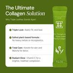 Green sachet of Triple Leaftea Matcha Collagen supplement with product benefits listed beside it.