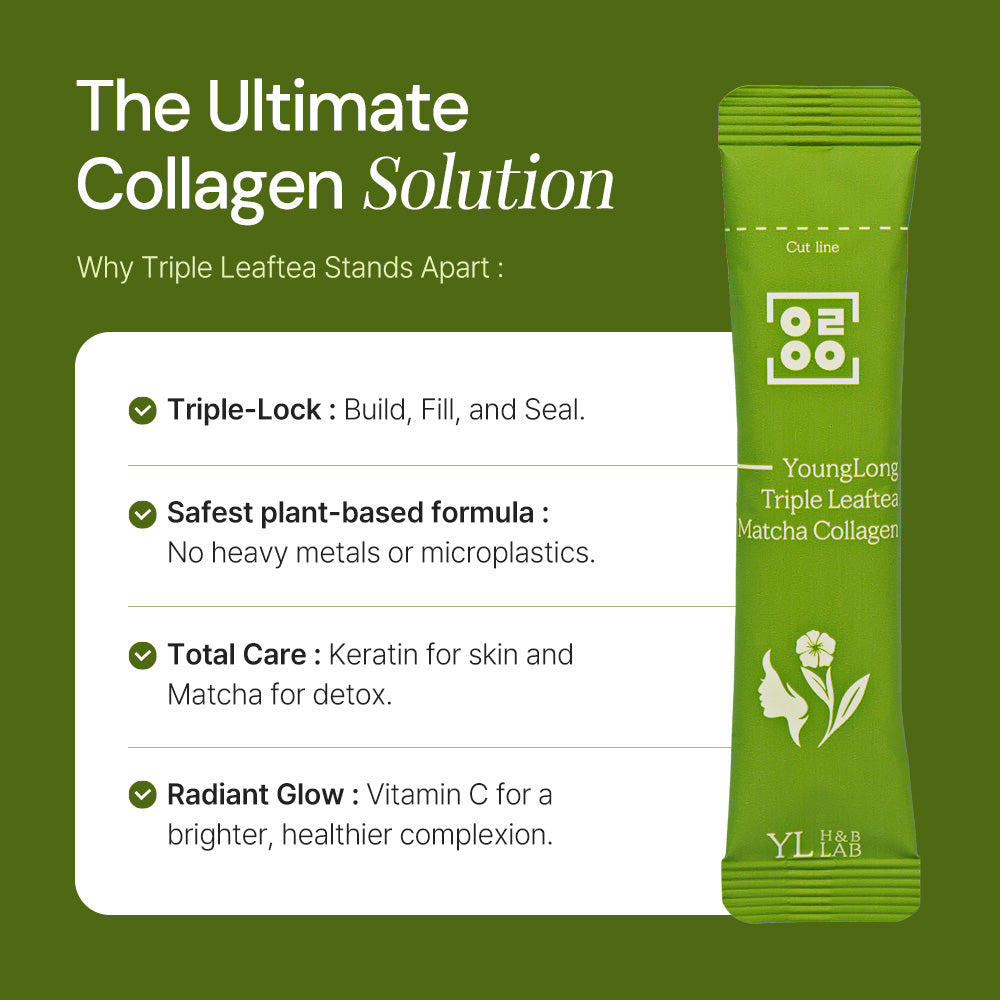 Green sachet of Triple Leaftea Matcha Collagen supplement with product benefits listed beside it.
