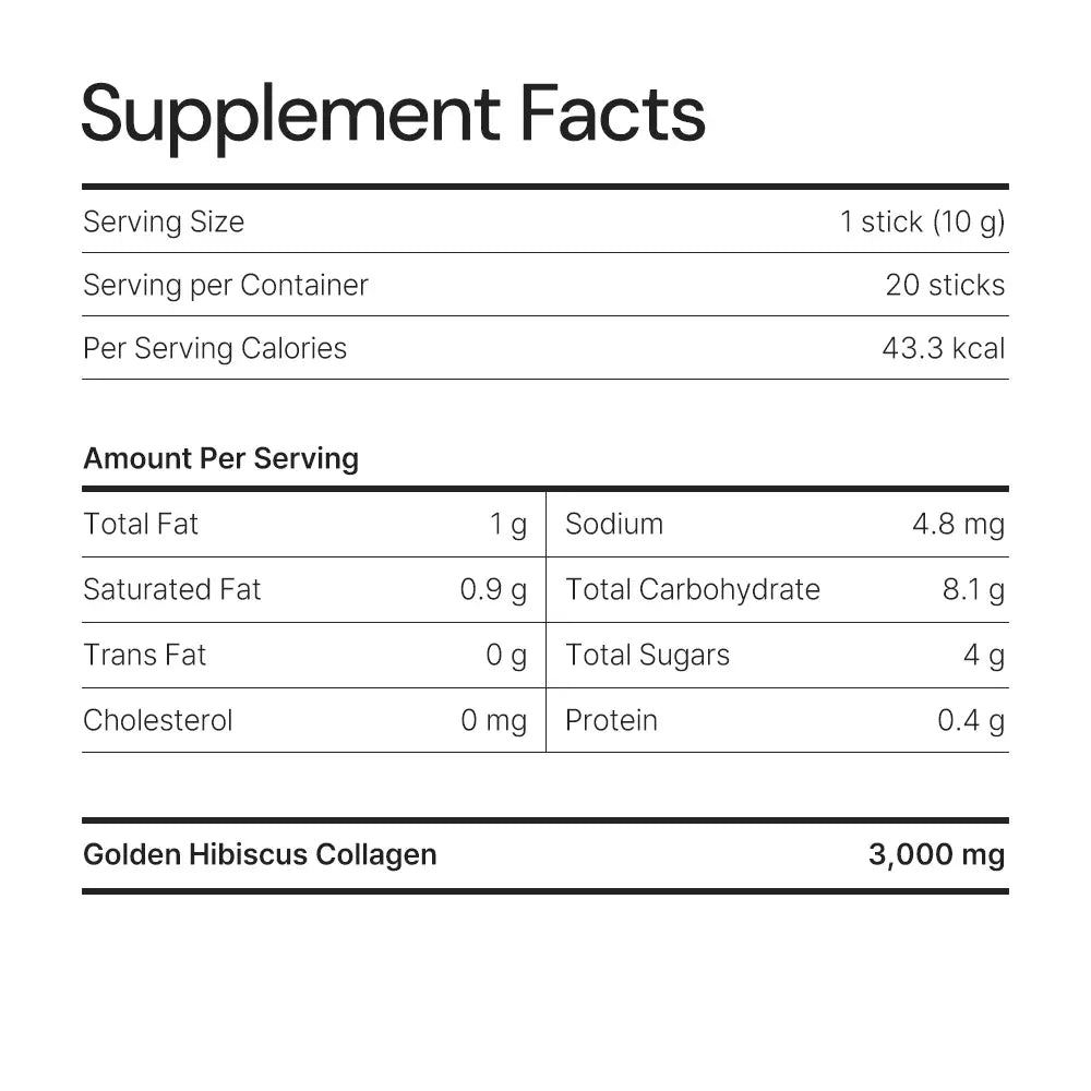 Supplement facts label showing nutrition and Golden Hibiscus Collagen 3,000 mg per serving