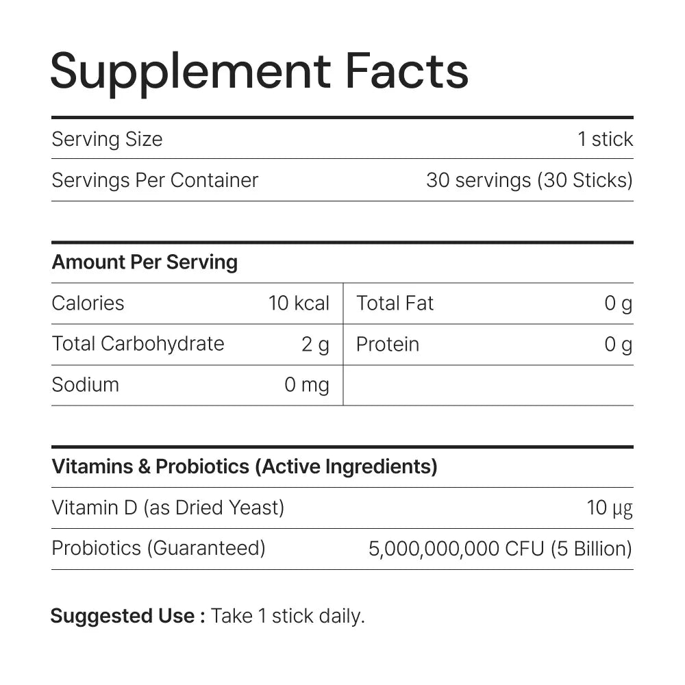 Supplement facts label showing serving size, calories, vitamin D, and probiotics content.