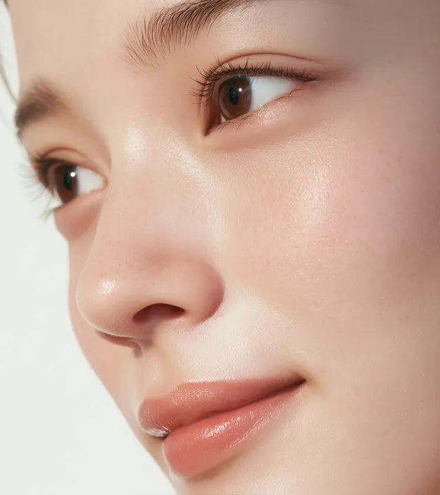 Close-up of a young woman with clear, glowing skin showing natural wellness