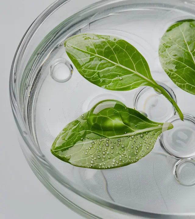 Fresh green leaves with water droplets floating in a clear glass bowl for natural wellness
