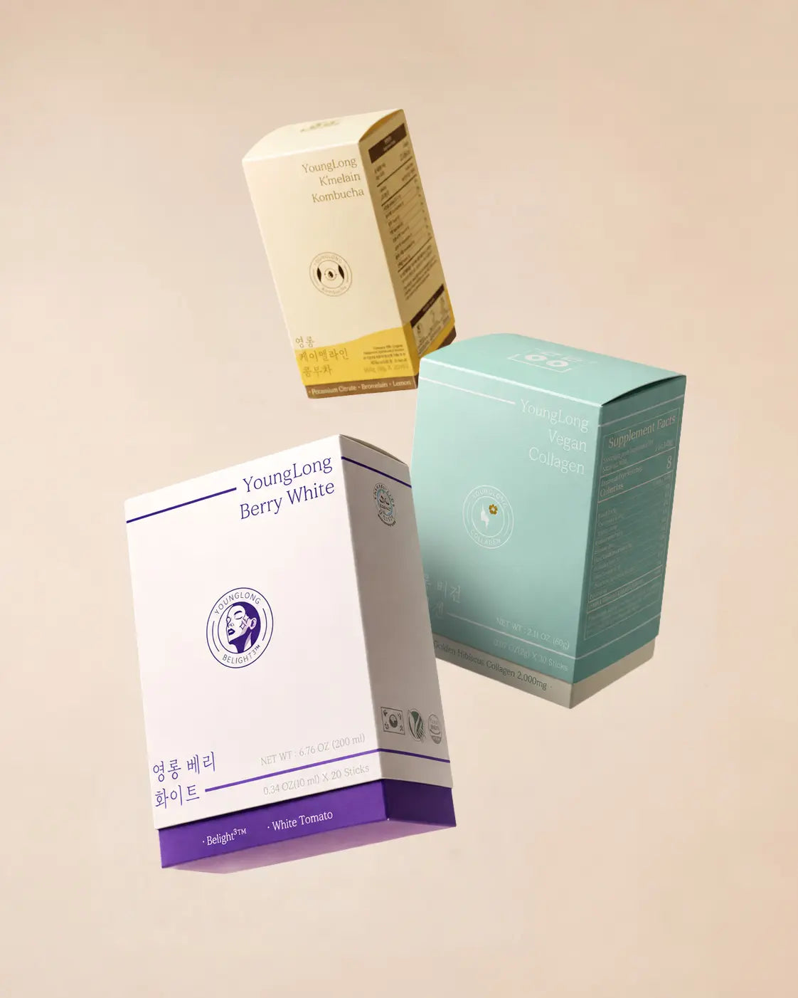 YoungLong Berry White, Vegan Collagen & K'melain Kombucha supplement boxes for daily vitality and immunity