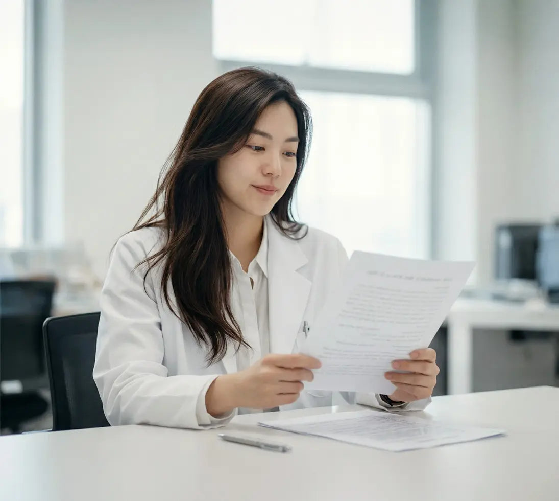 Pharmacist in lab coat reviewing documents at a desk in a bright office setting