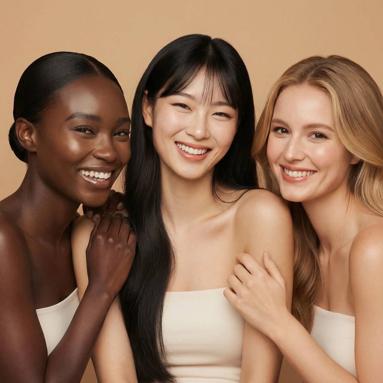 Three diverse women smiling with radiant skin against a neutral background
